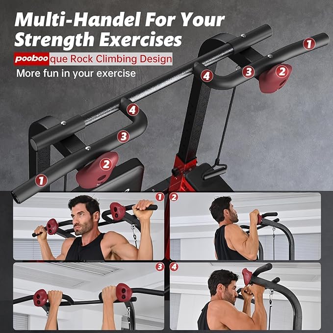 Pooboo Power Tower Dip Station Pull Up Bar for Fitness Home Gym Workout,Multi-Function Adjustable Height Fitness Strength Training Exercise Equipment,with Power Elastic Ropes