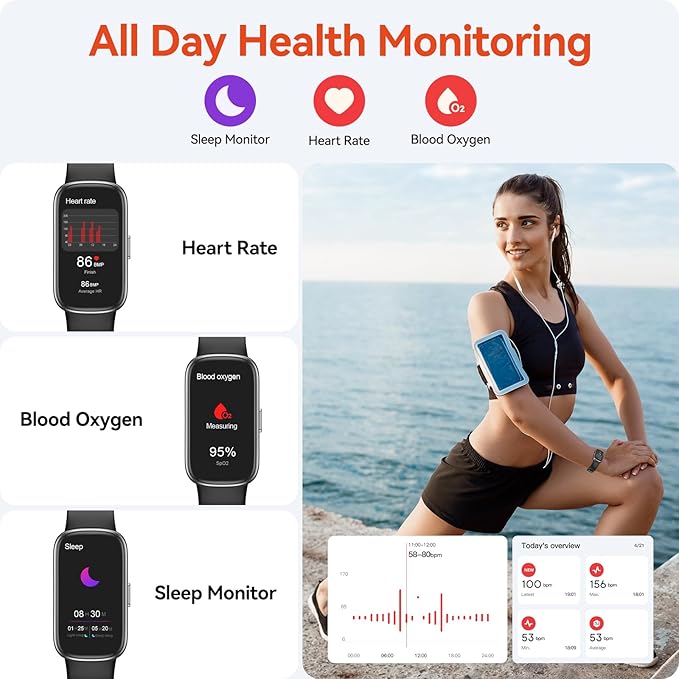 Fitness Tracker Watch with 24/7 Heart Rate Sleep Blood Oxygen Monitor, IP68 Waterproof Smart Watch, Step Calorie Counter Pedometer Health Activity Trackers and SmartWatches for Men Women