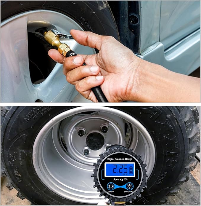 Nilight 50026R Digital Tire Inflator Pressure Gauge,250 PSI Air Chuck and Compressor Accessories Heavy Duty with Rubber Hose Quick Connect Coupler for 0.1 Display Resolution