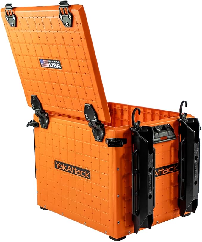 YakAttack BlackPak Pro 13" x 16" Kayak Fishing Crate with 4 Rod Holders - Orange | Tackle Storage Box & Gear Organizer for Kayaks | Lightweight, Durable & Customizable Marine Accessory | Made in USA