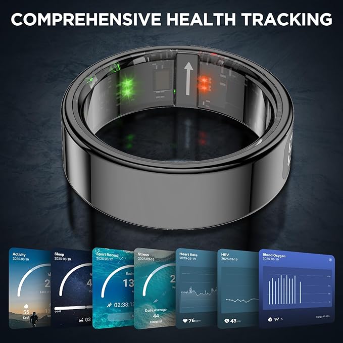 Smart Rings for Men with Display Screen, Fitness Ring with Wireless Charging, Sleep Tracker Ring with Heart Rate, Health Rings for Activity Monitoring/Steps/Calories, for iOS Android (Black,8#)