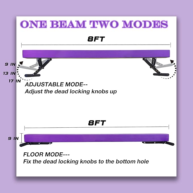 Adjustable Balance Beam Gymnastics Beam 8 FT Adjustable Height Beams for Kids, High and Low Floor Beams,Gymnastics Equipment for Kids Adults Training at Home and Gym Center