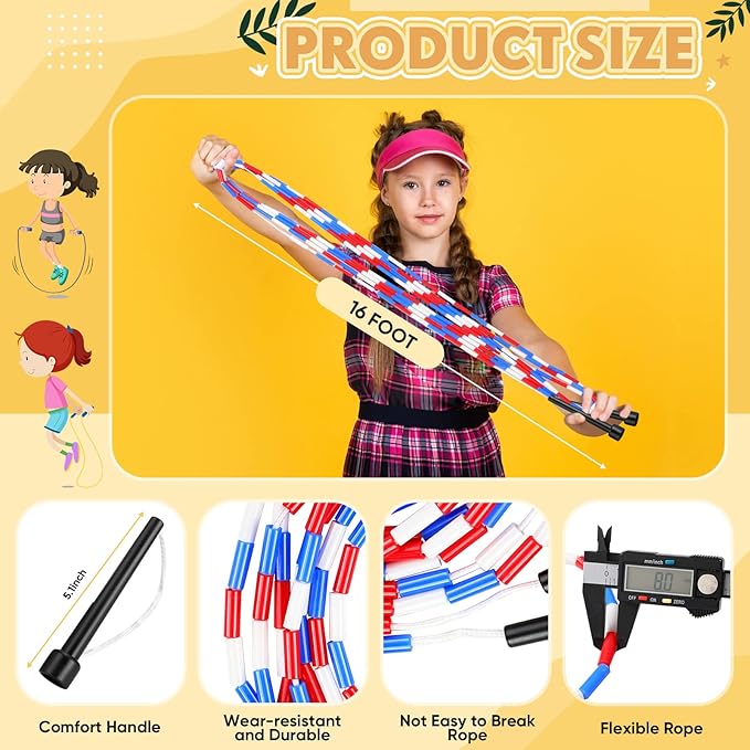 Zubebe 16-foot Double Dutch Jump Ropes Bulk Segmented Skipping Colorful Beaded Ropes for Kids Adults Fitness Physical Education Gym Class School Sports Outdoor Activities, Red White and Blue