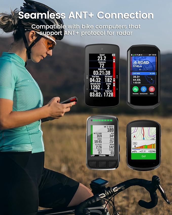 RAVEMEN NT201 Bike Radar Tail Light, 80-Lumen Bright Wide-Angle Bicycle Rear Light with Visual & Audible Alert, Auto Brake Flash, ANT+ Compatible, Power Level Check for Night Urban City Riding