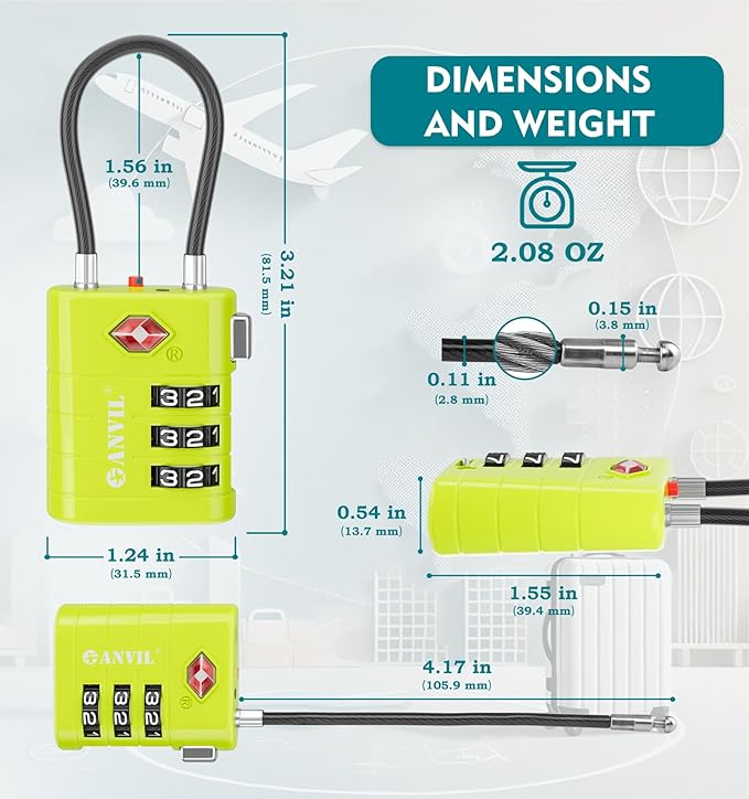 ANVIL TSA Approved Luggage Locks – High Security TSA008 Combination Travel Locks with Inspection Indicator for Suitcases and Backpacks. (3, 3 Colors)