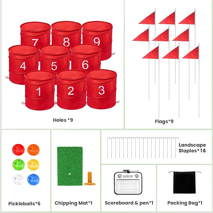 Golf Bucket Yard Game, Backyard Golf Game for Adults Family Kids, Portable 9-Hole Golf Course for Outdoor, Lawn, Park, Beach, Yard, Field Day, Family Reunion, Party Games