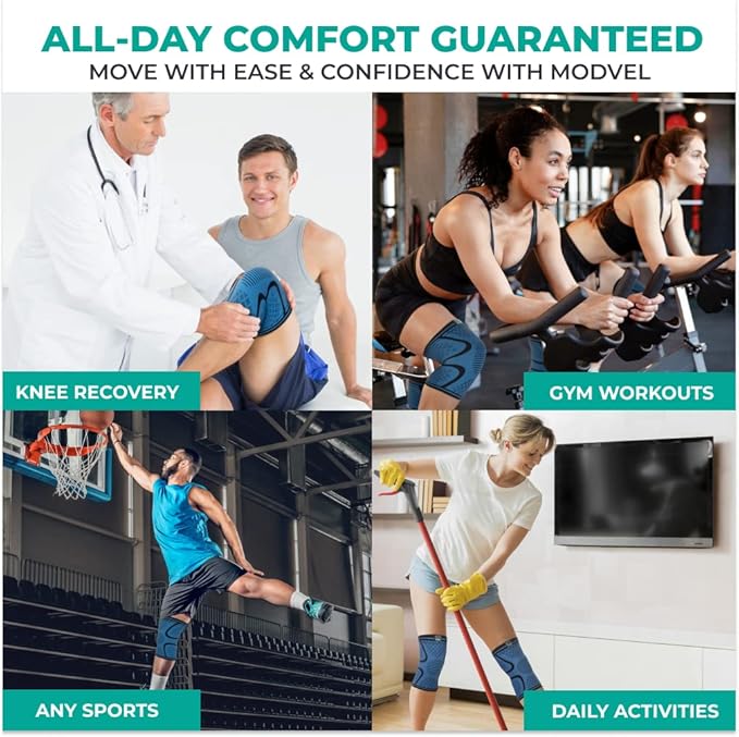 Modvel 2 Pack Knee Brace for Women & Men - Workout Knees Compression Sleeve for Knee Pain Relief Joint Support for ACL, Arthritis, Meniscus Tear Knees Brace for Sports, Rodilleras para Gym Fitness