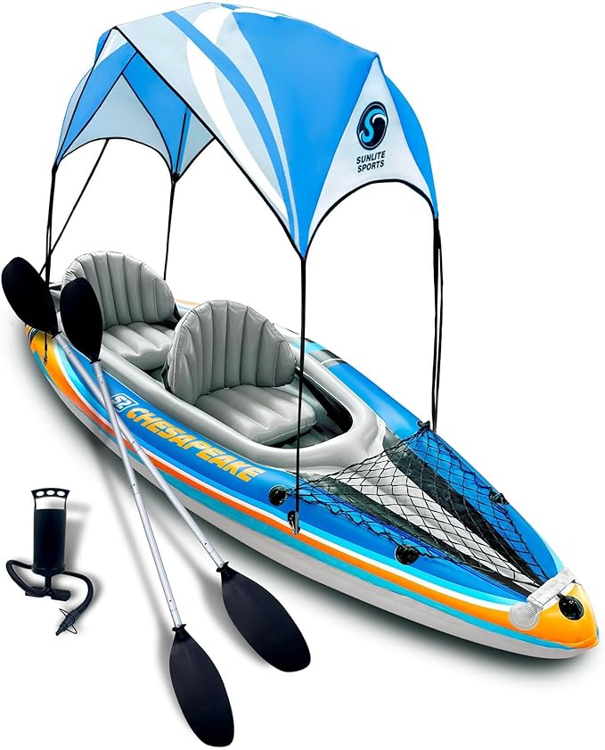 Sunlite Sports 2-Person Inflatable Kayak with Aluminum Oars (136" x 33"), High Output Air Pump and Storage Bag, Double Tandem Kayak for Adults, Two Person Canoe and Kayak, Good for Lakes and Rivers