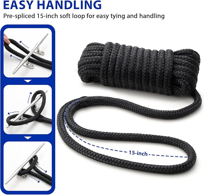 Boat Dock Lines Marine Rope - 3/4" x 25ft with Pre-Spliced 15" Loop Double Braided Nylon Ropes Bumper Tie Mooring Line for Boats Docking Pontoon Boating Accessories - 2 Pack