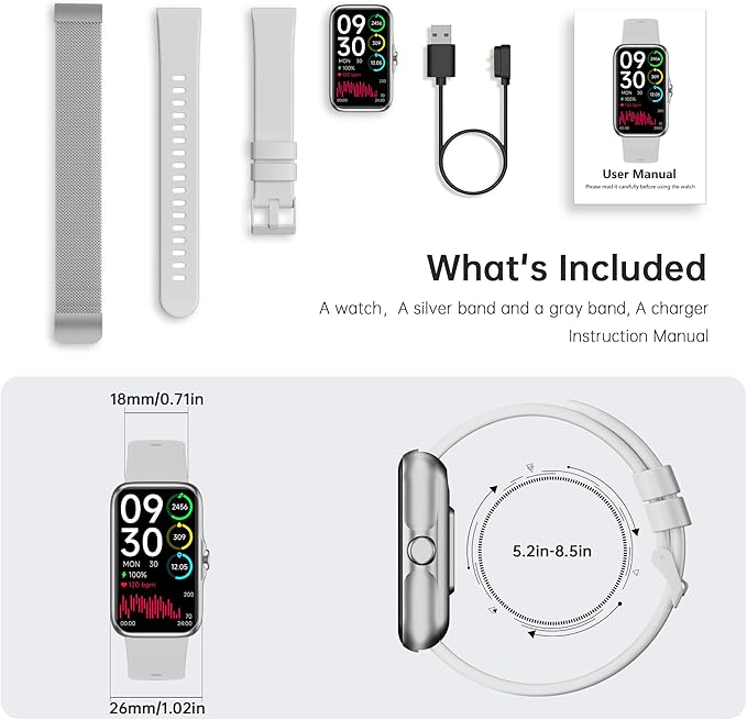 Health Fitness Tracker, Smart Watch with 24/7 Heart Rate and Blood Oxygen Monitor, Sleep Tracker with IP68 Waterproof, Activity Tracker Pedometer Step Counter for Women Men (Silver)