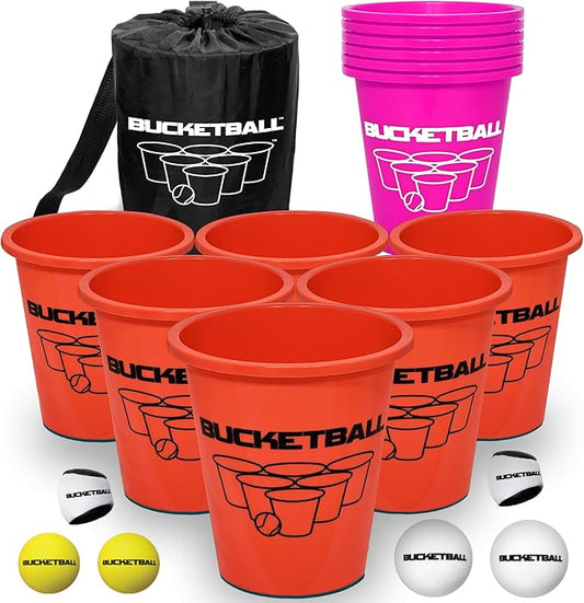 BucketBall | Team Color Edition | Combo Pack (Orange/Pink): Original Yard Pong Game: Best Camping, Beach, Lawn, Outdoor, Family, Adult, Tailgate, Jumbo, Giant Game