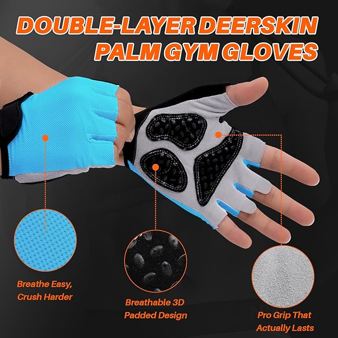 Double-Layer Deerskin Palm Gym Gloves: Anti-Slip Workout Gloves for Men & Women | Weight Lifting, Cycling, Rowing | Breathable 3D Padded Design