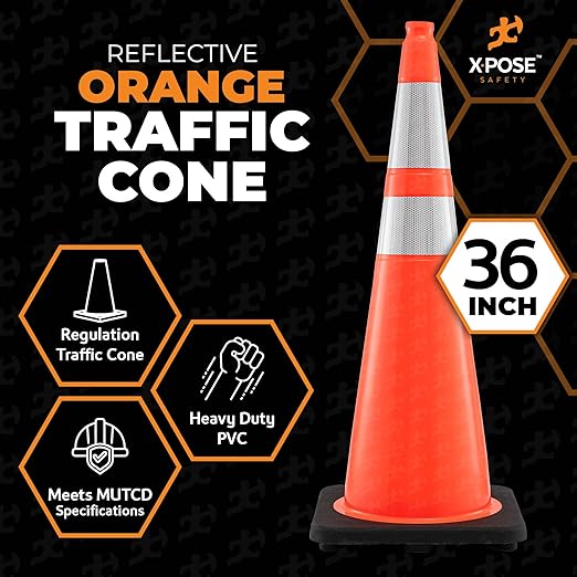 Xpose Safety 36 Inch Orange Traffic Cones Heavy Duty 12lb 6" & 4" Collar - Bulk Half Pallet 125 Pack - Multipurpose PVC Plastic Safety Cone Parking, Soccer, Caution & Construction - DOT Approved