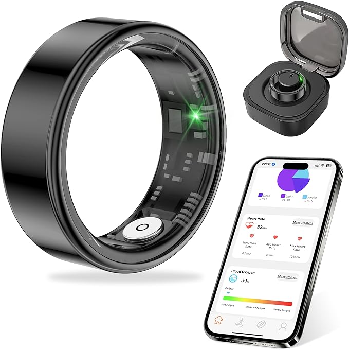 Thin Smart Ring for Fitness & Health Tracking -Pedometer,Sleep/Heart Rate/Blood Oxygen Monitor, Gesture Control / 5ATM Waterproof -No APP Subscription Compatible with Android& iOS (Black, 11)
