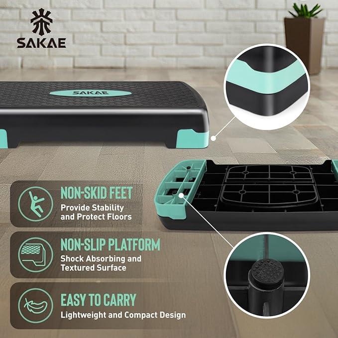 SAKAE Aerobics Step Platform Set with Weighted Vest & Measuring Tape, Adjustable Height 2 Level Risers Workout Step Trainer with Non-Slip Surface, Step Platform for Home Exercise, Multiple Colors