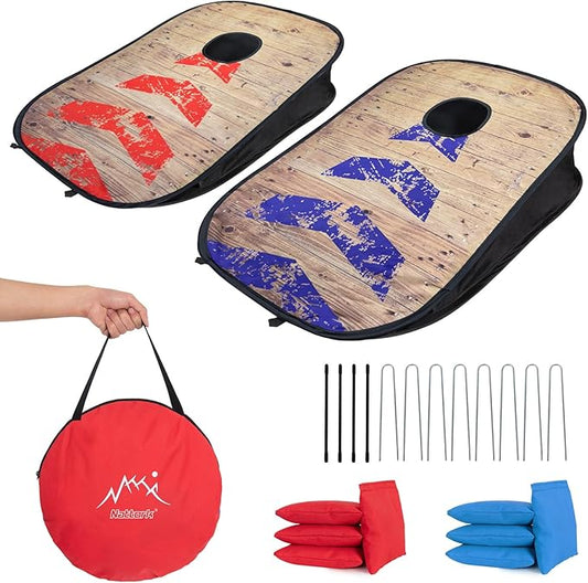 Portable Cornhole Set PVC Framed Corn Holes Outdoor Game Set with 2 Cornhole Boards, 8 Cornhole Bean Bags and Carrying Case, Camping Games Indoor Outdoor for Kids and Adults, Travel Camping Accessory