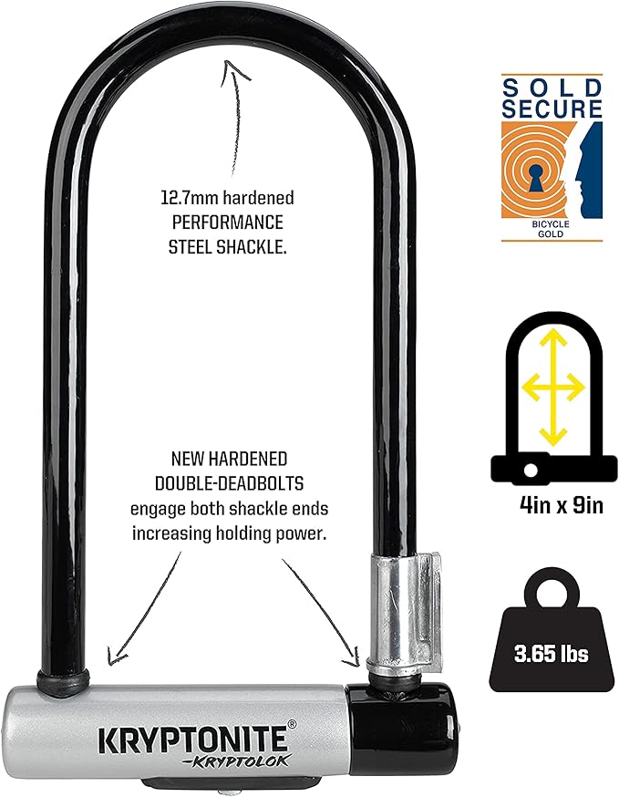 Kryptonite Kryptolok Standard Bike U-Lock with Cable, Heavy Duty Anti-Theft Bicycle U Lock, 12.7mm Shackle and 10mm x 4ft Length Security Cable with Mounting Bracket and Keys