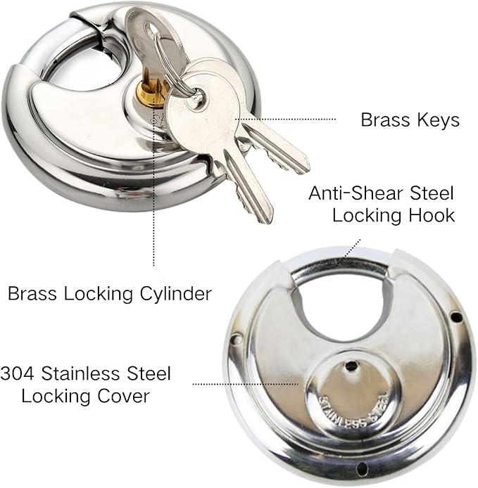70MM Discus Padlock with Same 3 Brass Keys,304 Stainless Steel Disc Lock with Brass Gallows to Prevent Rusting,Thick Sturdy Hook to Prevent Picking.2 Pack-XZJYYF