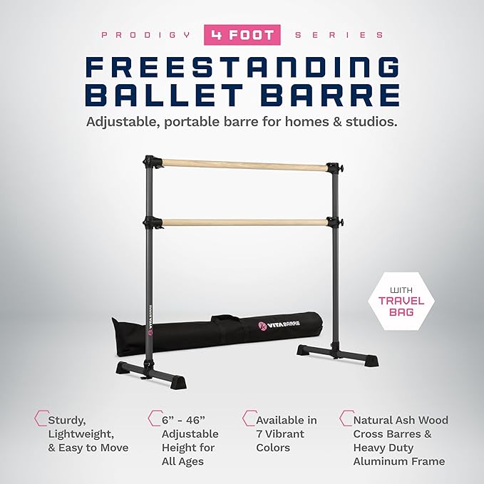 VITA Barre Portable Freestanding Double Ballet Barre, Prodigy, with Carry Bag | Adjustable Height, USA Made, Home or Gym Exercise Equipment for Kids & Adults | Dance, Fitness, Pilates