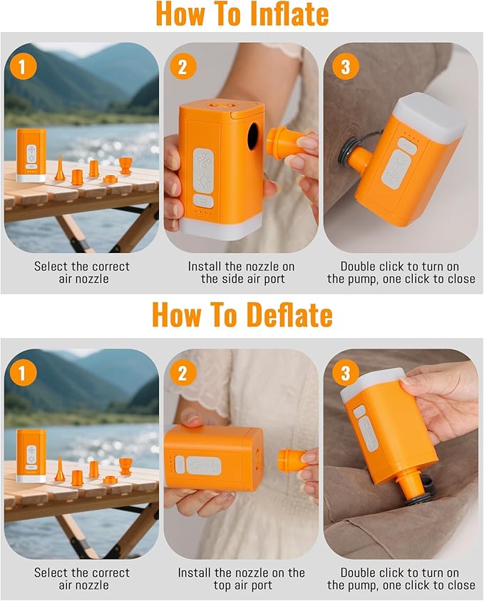 Electric Air Pump for Inflatables, 4kPa Rechargeable Portable Air Pump with Camping Light, Quickly Inflation Deflation for Camping, Travel, Pool Floats, Air Mattress, Vacuum Storage Bags