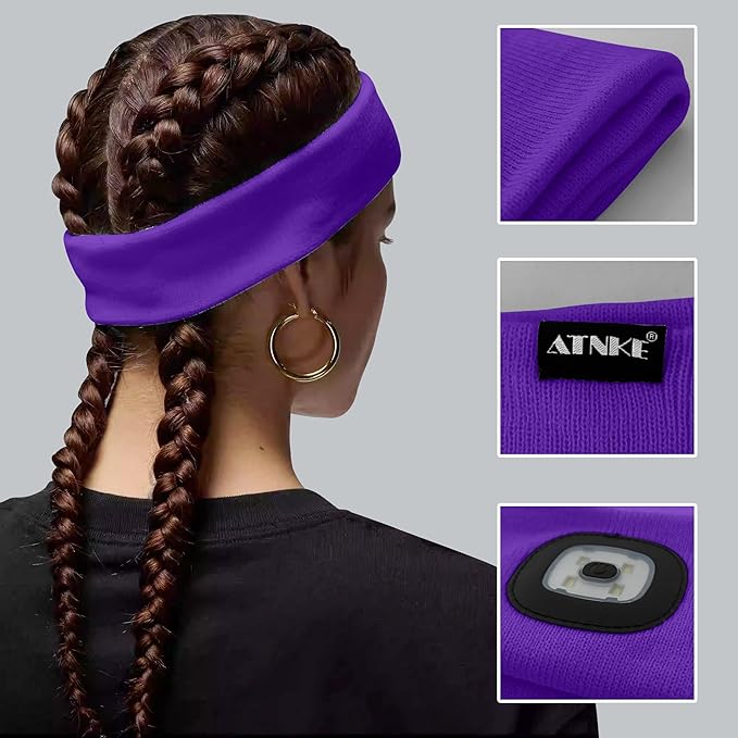 ATNKE 4 LED Lighted Sport Sweatband,USB Rechargeable Running Head Band Lamp High Stretch Wicking Gifts for Men and Women