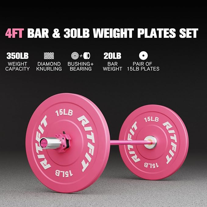 RITFIT Pink Weight Plates, 2 Inch Olympic Barbell Weight Plate, Bumper Plates With Steel Insert, Pink Weights for Gym and Home