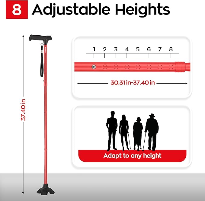 Walking Cane for Women, Extended Grip; Solid Base; Foldable; Adjustable Heights; Lightweight; Free Standing; Portable Canes for Men for Stability (Red)