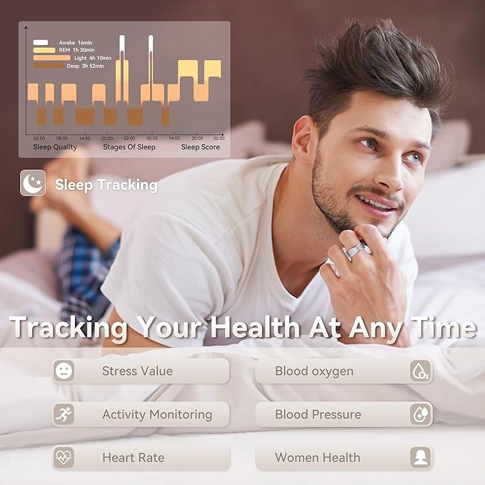 Health Smart Ring for Men Women, Fitness Tracker with Heart Rate/Blood Pressure/Blood Oxygen Monitor,Sleep Tracker,Pedometer, IP68 Waterproof Ring for iPhone&Android, No Subscription (Silver, Size9）