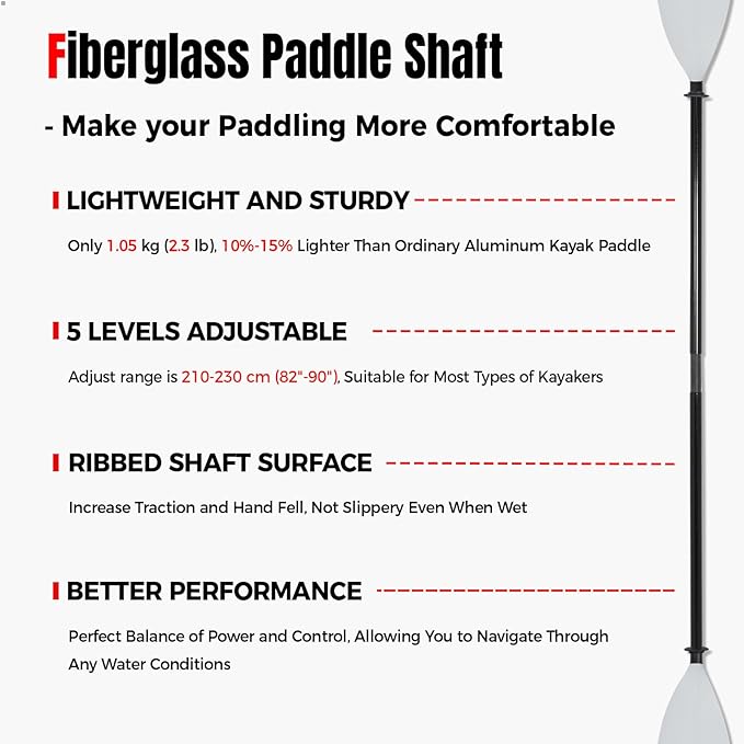 Kayak Paddle with Fiberglass Shaft and Reinforced Nylon Blade, Adjustable Kayaking Oars, 3 Piece, 230-250 cm/90-98 inches, 210-230 cm/82-90 inches