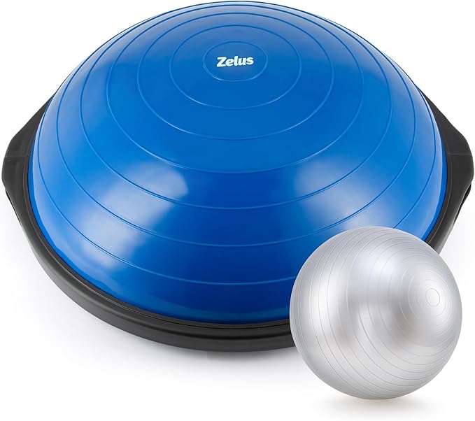 ZELUS 25in. Balance Ball | 660lb Inflatable Half Exercise Ball Wobble Board Balance Trainer w Nonslip Base | Half Yoga Ball Strength Training Equipment w 2 Bands, Pump, Extra Ball Included