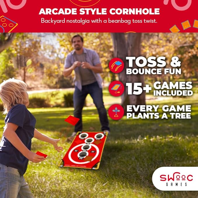 SWOOC Games - Coney Island Toss™ - Arcade Style Cornhole Board Set w/Carrying Case & 15+ Games - Corn Hole Games for Adults - Kids Bean Bag Toss Game - Kids Cornhole Set w/Bags - Outdoor Yard Games