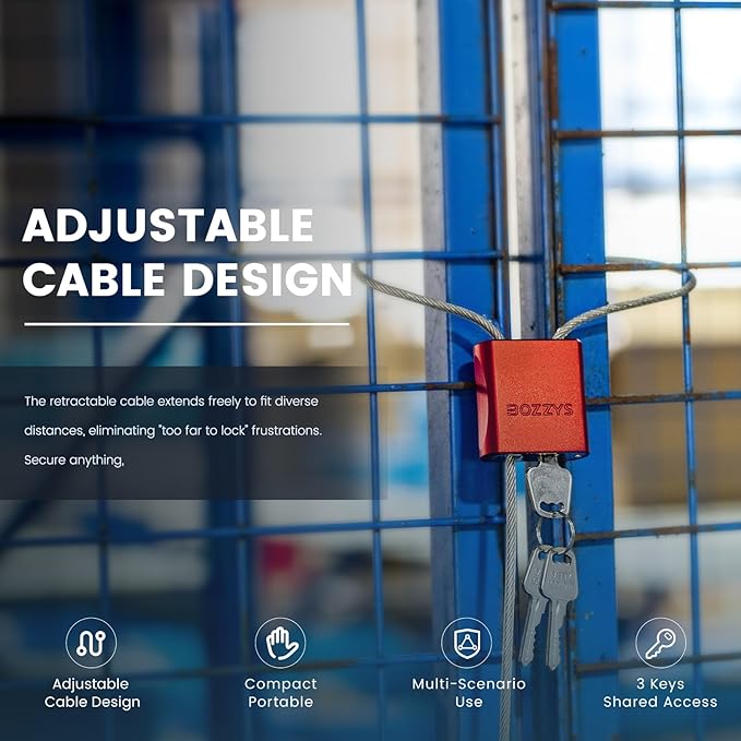 Adjustable Cable Locks with 3 Keys | L 6.56ft x D 1/6in Aluminum Steel Cable Padlock for Bikes, Gate, Lockers & Outdoor Gear | Keyed Different & Silver