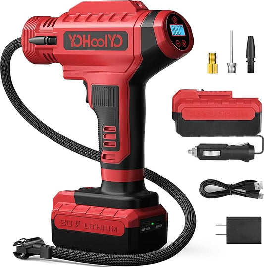 YOHOOLYO Tire Inflator Portable Air Compressor for Car 20V Cordless Tire Pump Rechargeable Battery Powered 12V DC Car Adapter Auto Stop Digital Pressure Gauge Motorcycle Bike 150PSI Red