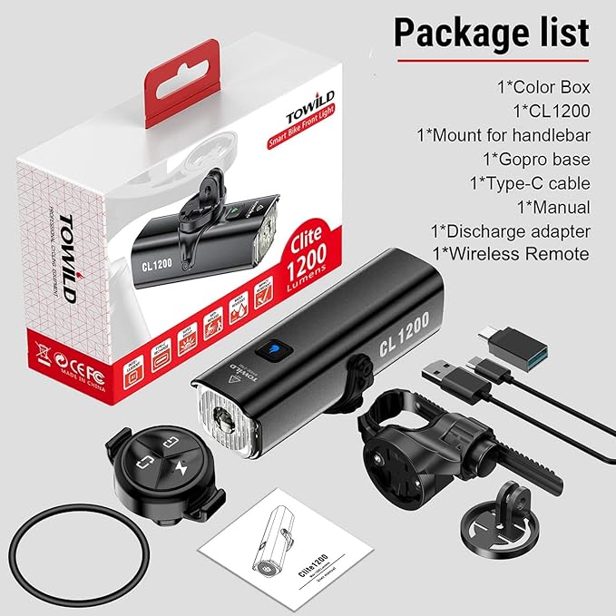 TOWILD CL1200 Bike Lights for Night Riding,Compatible with Garmin/GoPro Mount,1200 Lumen Bright Bike Headlight,Rechargeable Battery,Waterproof Bike Front Light for Commuter Cyclists