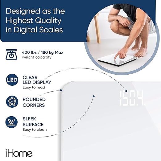 iHome Digital Scale, Bathroom Scale, Batteries Included, Scale Body Weight, Weight Scale, Digital Scale, Bathroom Scales for Weight, Digital Scales for Body Weight (White)