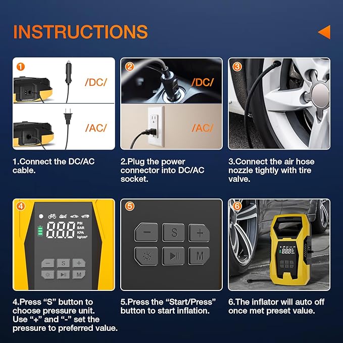 Nilight AC/DC Tire Inflator Portable Air Compressor Dual Power Supply 110V AC 12V DC 150PSI Fast Inflation Heavy Duty with LED Light Pressure Gauge Auto Shutoff Pump for Car Motorcycle Bicycle Ball