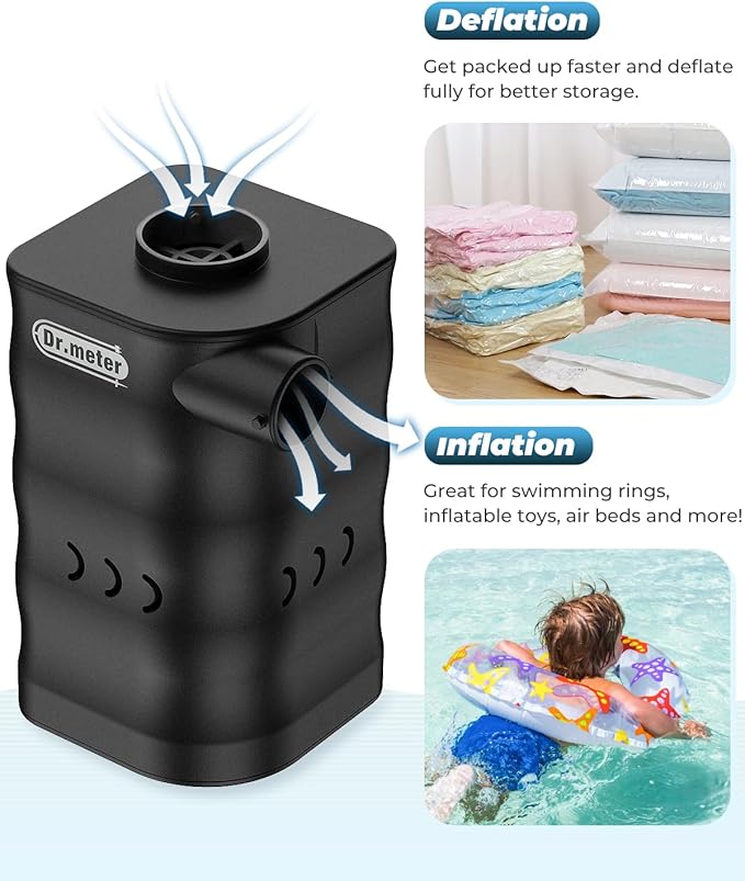 Dr.meter Air Mattress Pump, Rechargeable 6000mAh Portable Air Pump, Quick-Fill Electric Air Inflator Deflator for Outdoor Camping Inflatable Bed Pool Boat Float Raft Swimming Rings Vacuum Bag