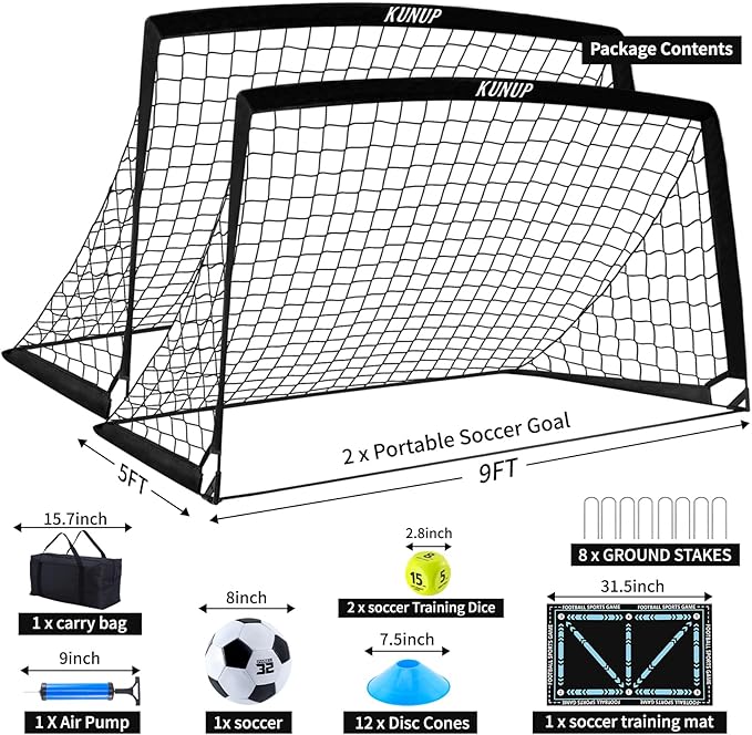 2 Pack Kids Soccer Goal for Backyard Set 9x5FT Portable Pop Up Soccer Net Training Equipment with Soccer Ball, Training Dice Mat, Cones and Carry Bag for Youth Toddler Teams Indoor Outdoor Sport Game