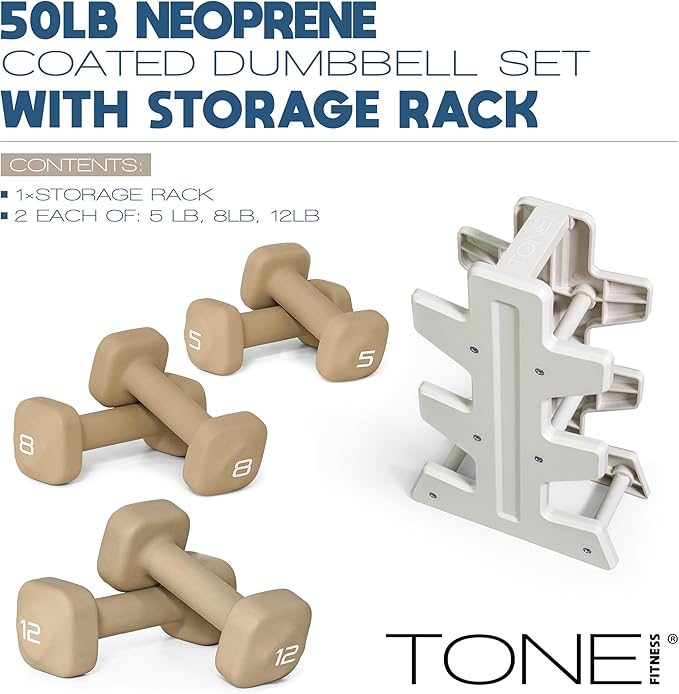 Tone Fitness Neoprene Dumbbell Set with Storage Rack – Non-Slip, Anti-Roll Hand Weights for Home Gym Workouts | 20 lb, 32 lb, & 50 lb Options