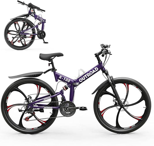 Outroad Folding Mountain Bike Foldable/Unfoldable Bike 26 Inch for Adult, 21-Speed Dual Suspension High-Carbon Steel MTB Foldable Bicycle, Dual Disc Brake Folding Bikes for Women and Men