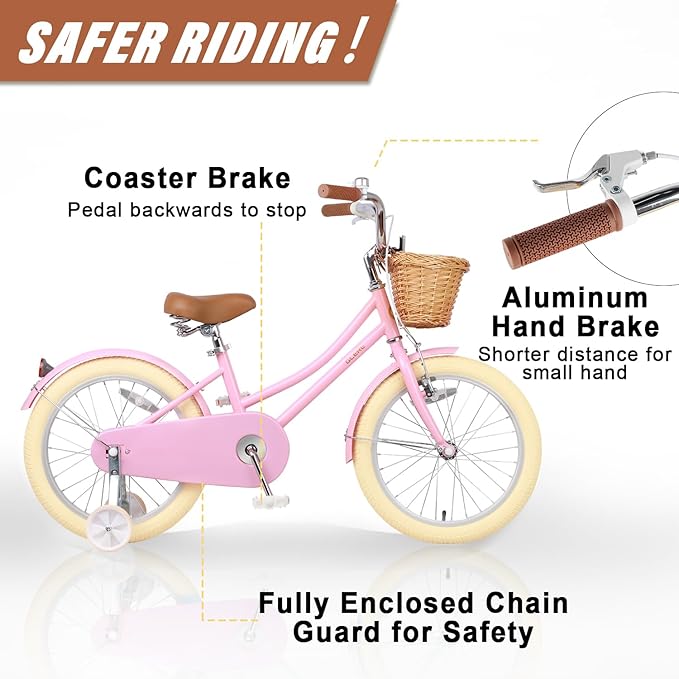 Glerc Little Molly 12-20 Inch Kids Retro Cruiser Bike for 2-13 Year Old with Wicker Basket & Training Wheels/Kickstand, Multiple Colors