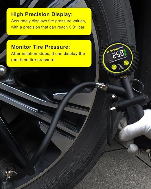 Digital Tire Pressure Gauge with Inflator, 0-200 PSI, 2.5" Color Screen, ±1% High Accuracy, Auto Shut-Off, Rubber Hose & 1/4" NPT Quick Connect Plug & Locking Air Chuck for Cars, SUVs, Motors, Bikes