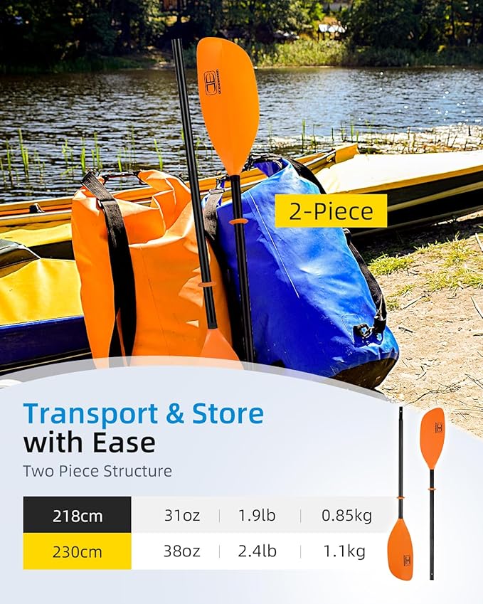 OCEANBROAD Kayak Paddle 86in/218cm, 90.5in/230cm Alloy Shaft 2-Piece Floatable Kayak Oar for Kayaking Canoeing Boating