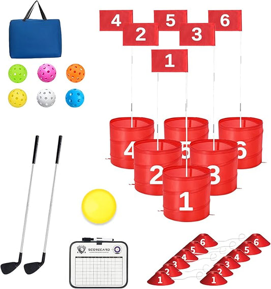 Golf Bucket Yard Game 6-Hole Set with 2 Clubs, Portable Outdoor Yard Game for Family and Adults, Golf Chipping Practice for Lawn, Beach, Camping, Park