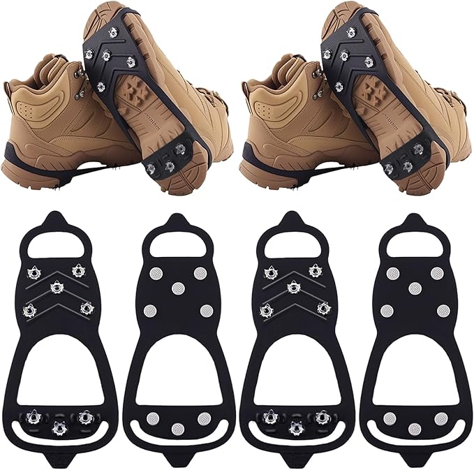 2 Pairs Ice Cleats for Shoes and Boots,Universal 8 Steel Studs Crampon Ice & Snow Grippers for Winter Hiking Climbing Ice Fishing,Anti-Slip