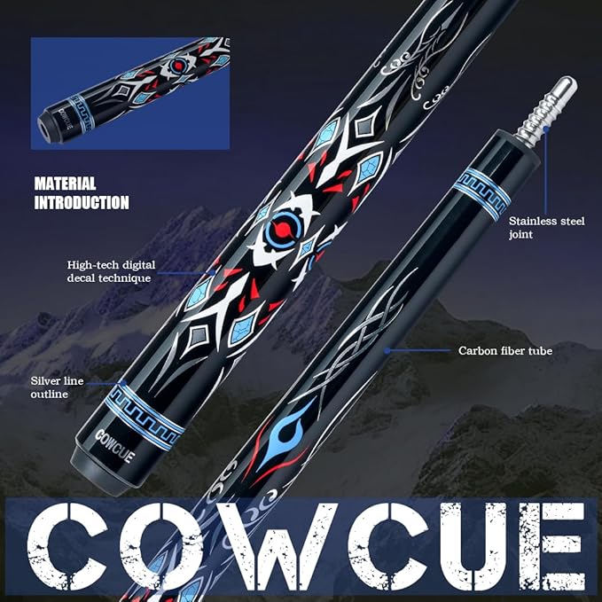 CRICAL Carbon Fiber Pool Cue COWCUE Series Low Deflection Billiards Cue Stick 58" Professional Pool Table Sticks for Adults -12.5mm Tip, Weight 19OZ (Adjustable), 3/8 * 8 Joint