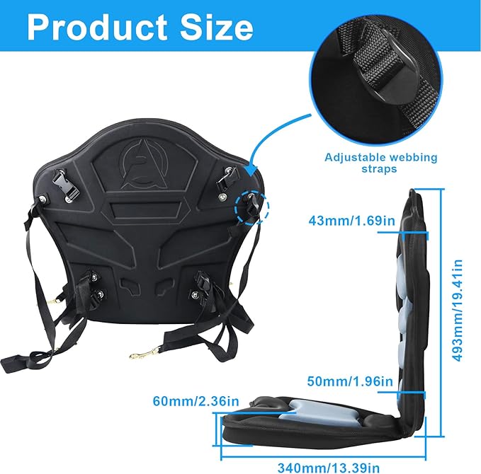 Kayak Seat Deluxe Padded Fishing Boat Seat Deluxe Sit-On-Top Canoe Seat Cushioned - Comfortable Backrest Support Universal Sit with Adjustable Back Strap Detachable Storage Bag