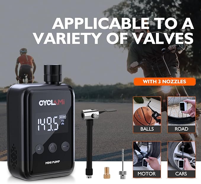 150 PSI Electric Bike Pump - Mini Portable Air Compressor with Digital Pressure Gauge, Auto-Off, Fast USB-C Charging for Presta/Schrader Valves - Cordless Bicycle Tire Inflator for Road/MTB