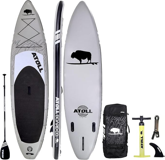 Atoll Inflatable Stand Up Paddle Board ISUP, Bravo Hand Pump and 3 Piece Paddle, Travel Backpack and Accessories New Leash Included Two Sizes - 11ft and 9ft