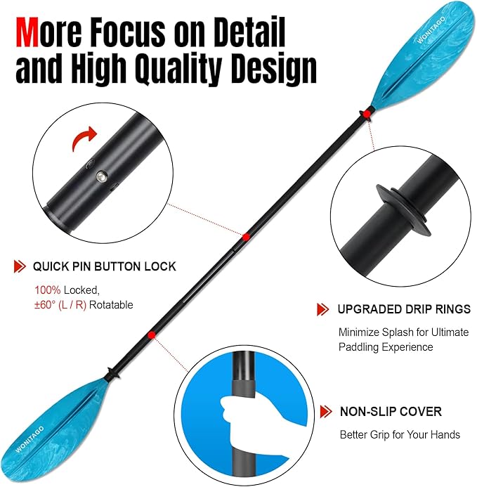 Kayak Paddle with Aluminum Shaft and Reinforced PP Blade, Floating Kayak Oar for Kayaking Canoeing and Boating, 220 cm/86 inches - 230 cm/90 inches